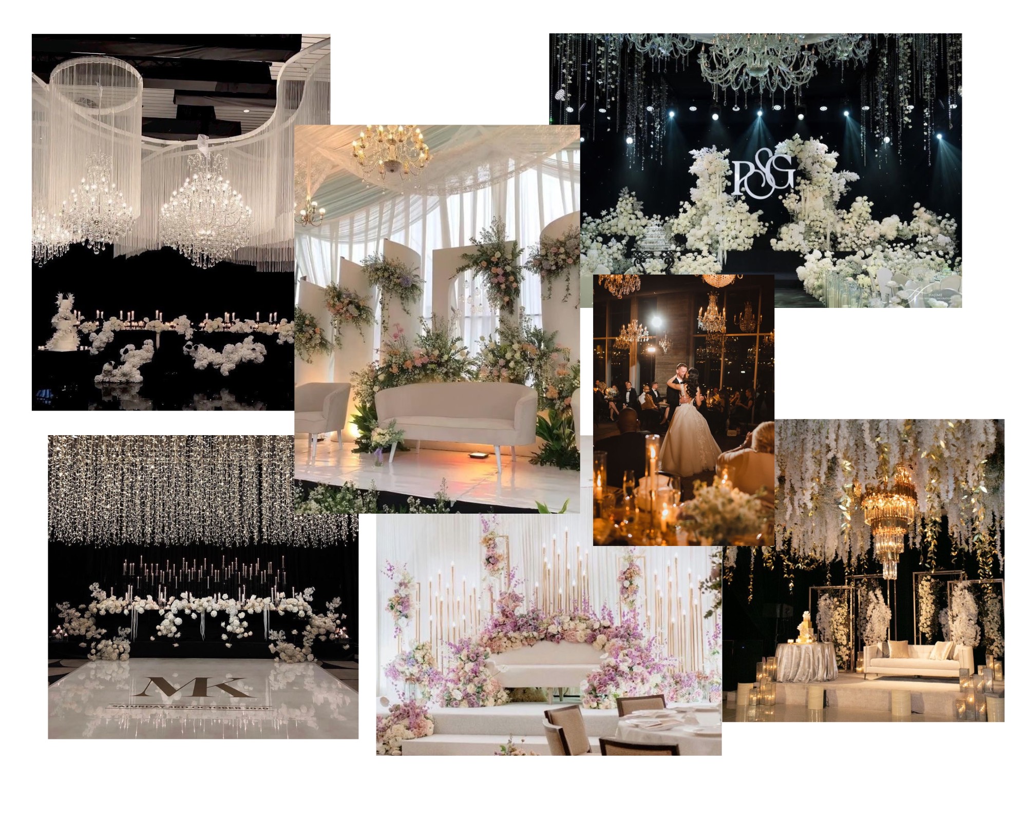 A stunning collage of wedding decorations adorned with flowers and greenery, representing the finest in Surrey's wedding aesthetics designs at vmdecor.ca.